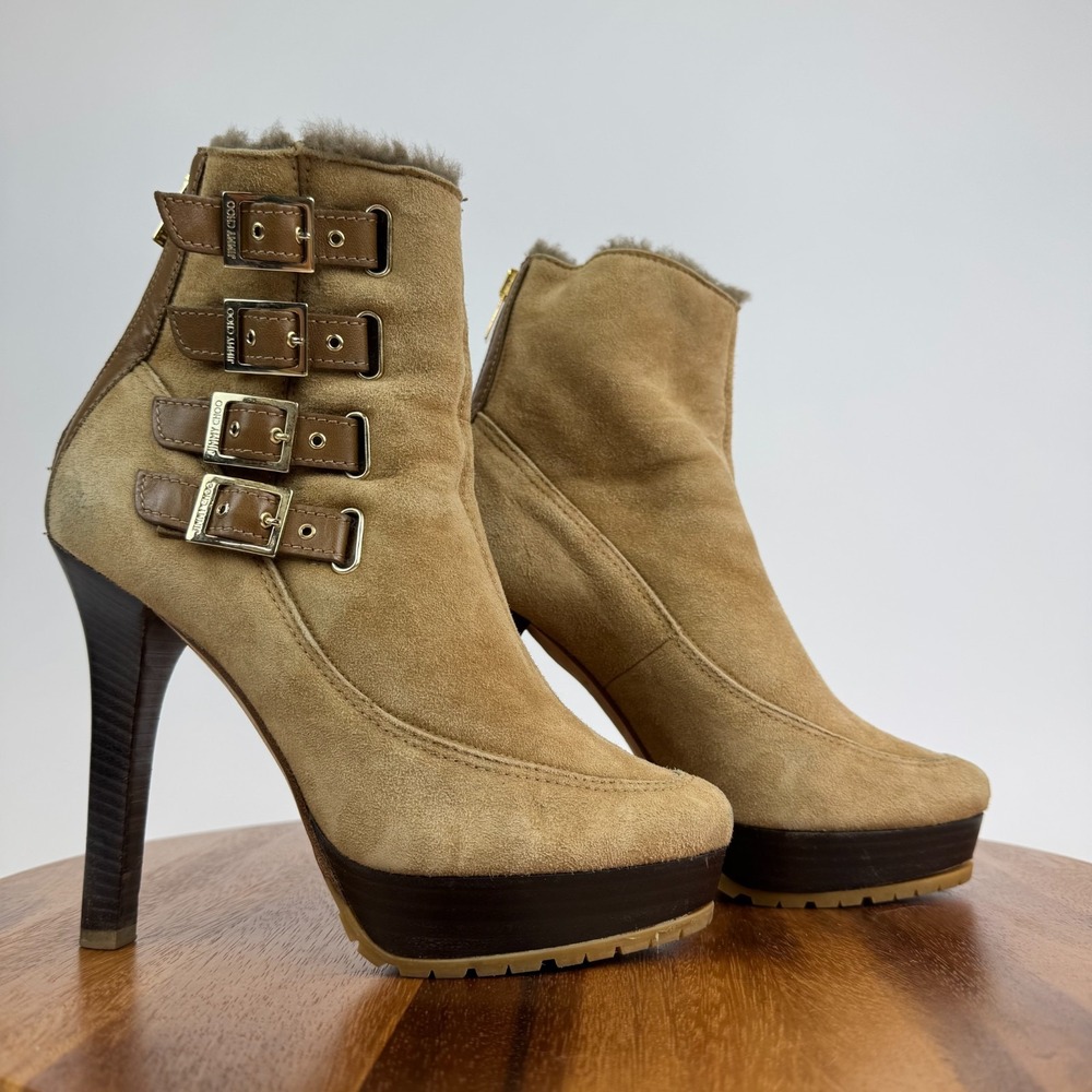Womens Jimmy Choo Tan Suede Lined Winter Heeled Ankle‎ Boots Booties Size EU 38